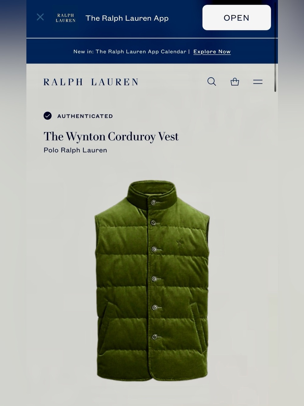 Ralph Lauren Duck Down Wynton Quilted Corduroy Vest in Olive